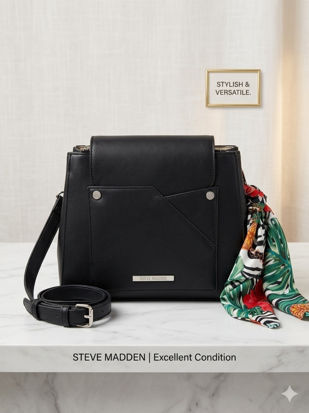 Steve Madden Black Crossbody Bag with Colorful Scarf Accent